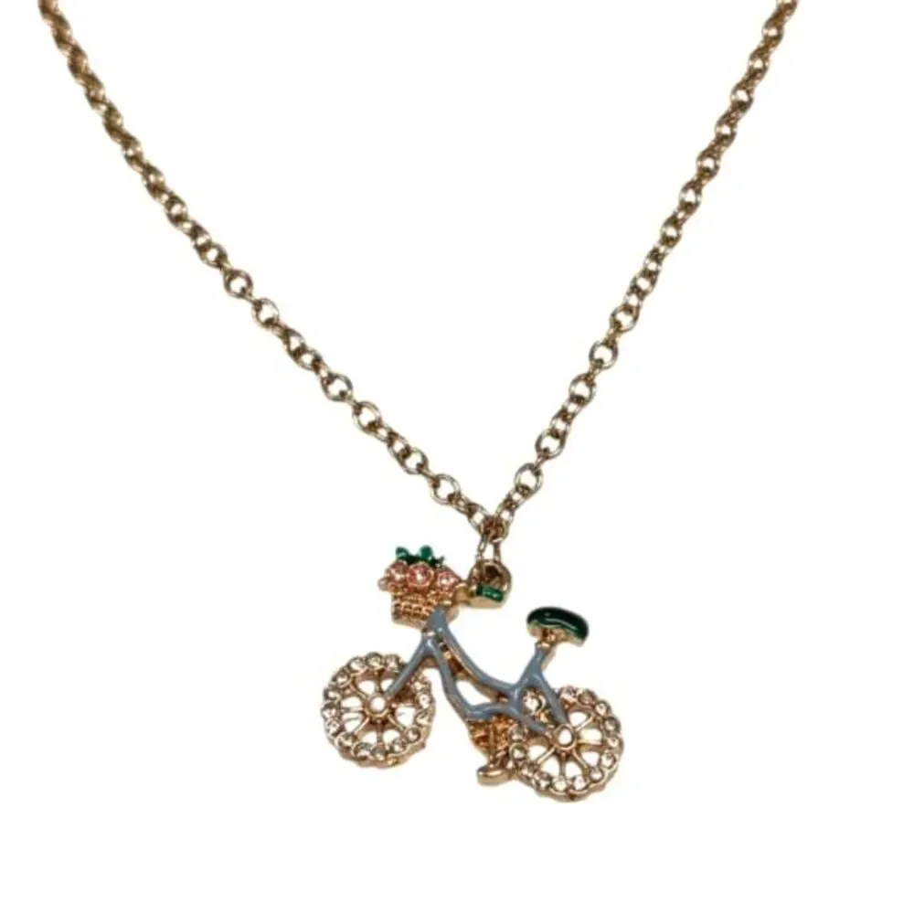 J.Crew Whimsical Blue Enamel Rhinestone Bicycle Pendant Gold Tone Chain Necklace
